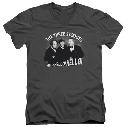 Three Stooges - Hello Again - Short Sleeve Adult V-neck 30/1 - Charcoal T-shirt