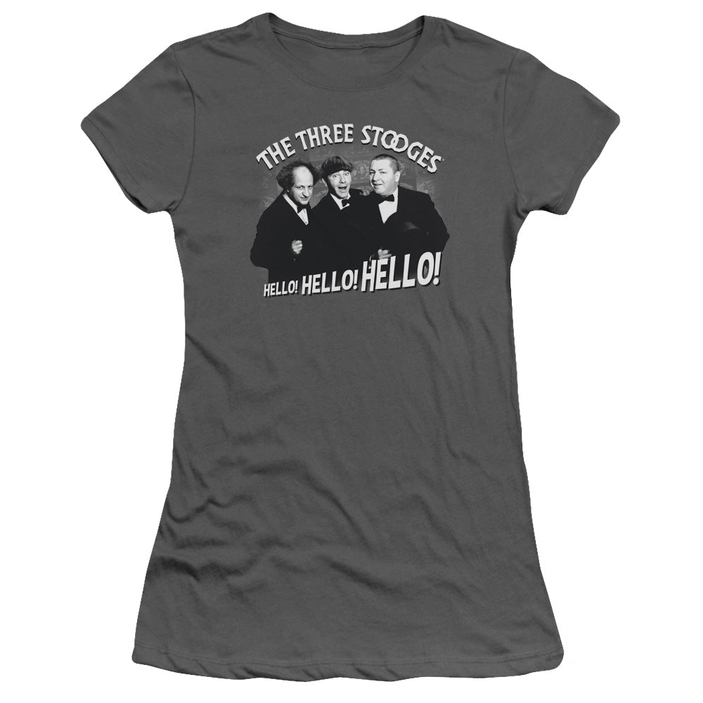 Three Stooges - Hello Again - Short Sleeve Junior Sheer - Charcoal T-shirt
