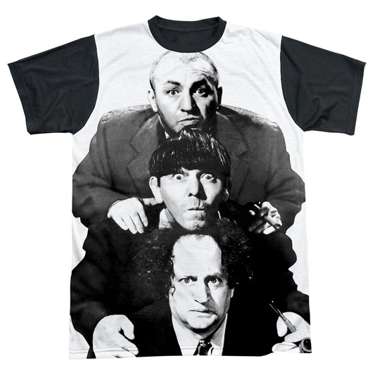 Three Stooges - Three Stacked - Short Sleeve Adult White Front Black Back   - White T-shirt