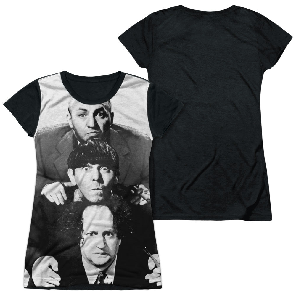 Three Stooges - Three Stacked - Short Sleeve Junior Poly Black Back - White T-shirt