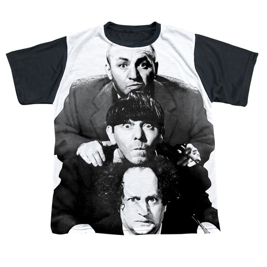THREE STOOGES THREE STACKED-S/S YOUTH WHITE FRONT BLACK BACK T-Shirt