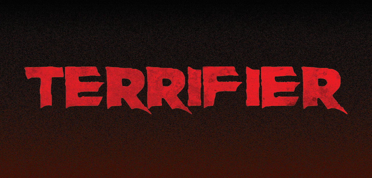 The word 'TERRIFIER' in a bold, stylized red font centered on a dark textured background.