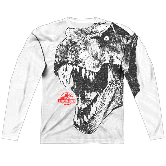 Jurassic Park - T Rex Head - Long Sleeve Adult Poly Crew  - White T-shirt
