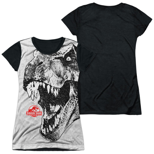 Jurassic Park - T Rex Head - Short Sleeve Junior Poly Black Back - White T-shirt