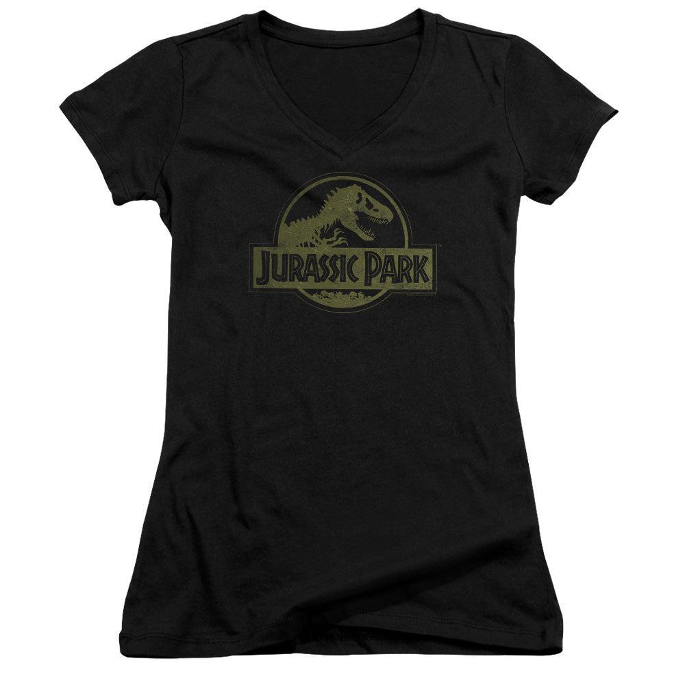 Jurassic Park - Distressed Logo - Junior V-neck - Black