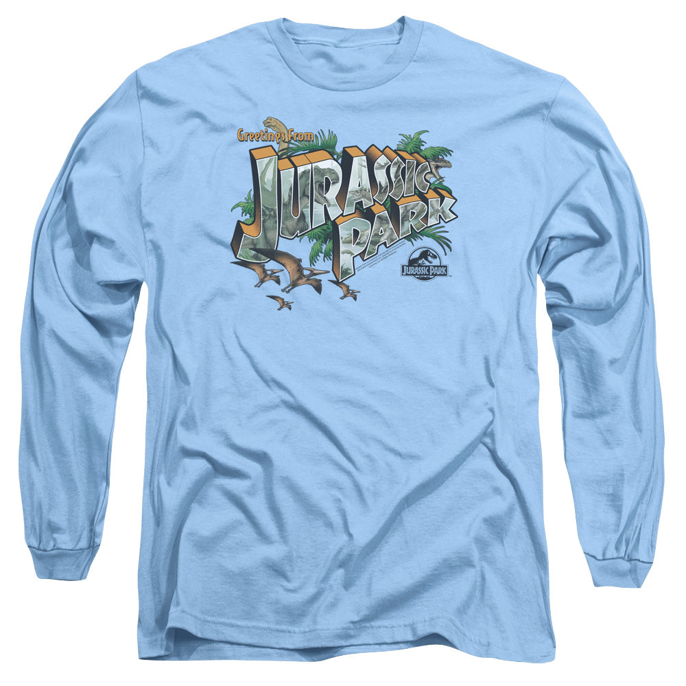 Jurassic Park - Greetings From Jp - Long Sleeve Adult 18/1 - Carolina Blue T-shirt