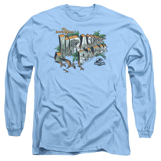 Jurassic Park - Greetings From Jp - Long Sleeve Adult 18/1 - Carolina Blue T-shirt