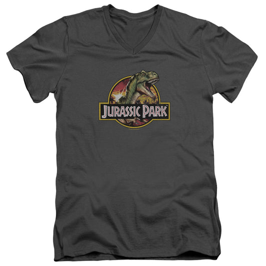 Jurassic Park - Retro Rex - Short Sleeve Adult V-neck - Charcoal T-shirt
