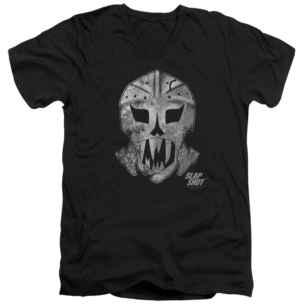 Slap Shot - Goalie Mask - Short Sleeve Adult V-neck - Black T-shirt