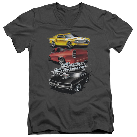 Fast And The Furious - Muscle Car Splatter - Short Sleeve Adult V-neck 30/1 - Charcoal T-shirt