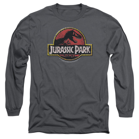 Jurassic Park - Stone Logo - Long Sleeve Adult 18/1 - Charcoal T-shirt