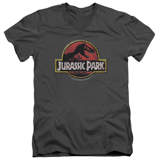 Jurassic Park - Stone Logo - Short Sleeve Adult V-neck - Charcoal T-shirt