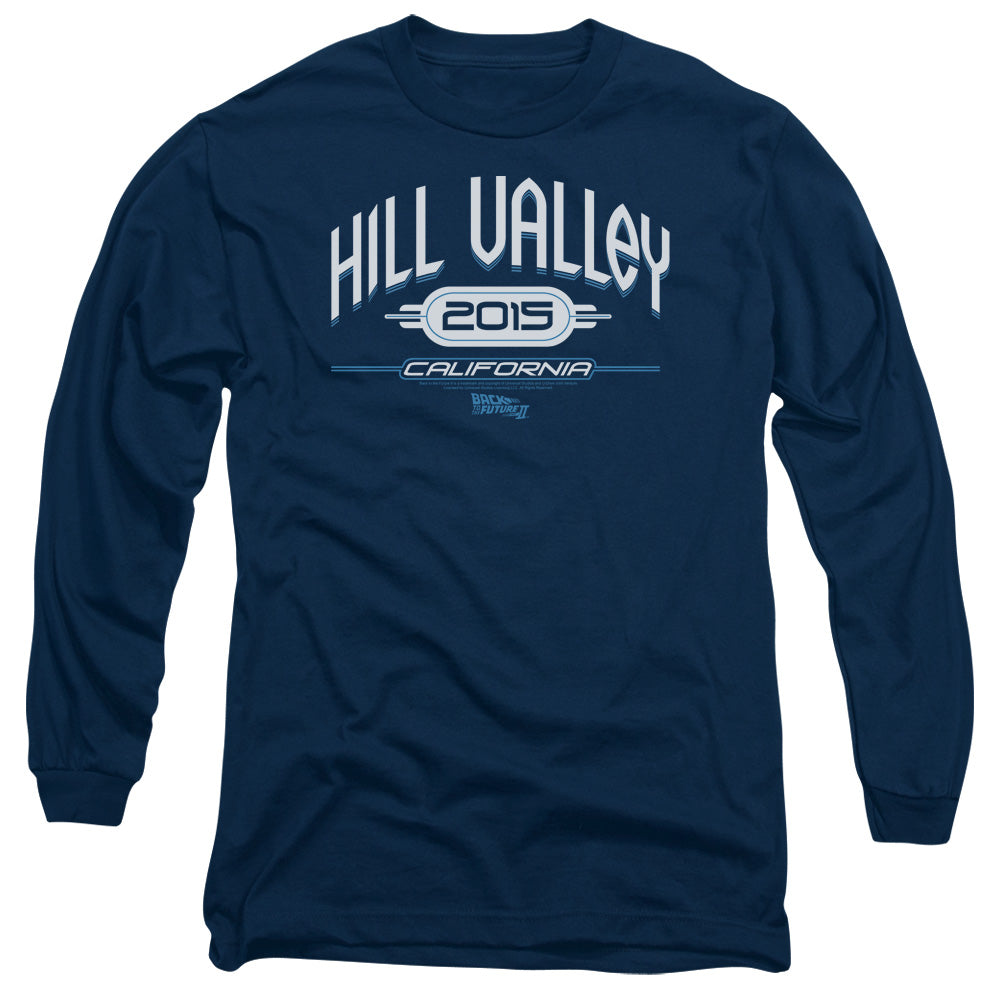 Back To The Future Ii - Hill Valley 2015 - Long Sleeve Adult 18/1 - Navy - Sm - Navy T-shirt