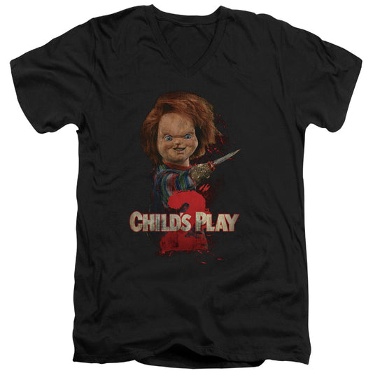 Childs Play 2 - Heres Chucky - Short Sleeve Adult V-neck 30/1 - Black T-shirt