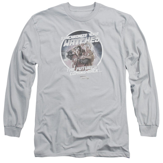 Back To The Future Ii - Synchronize Watches - Long Sleeve Adult 18/1 - Silver - Sm - Silver T-shirt