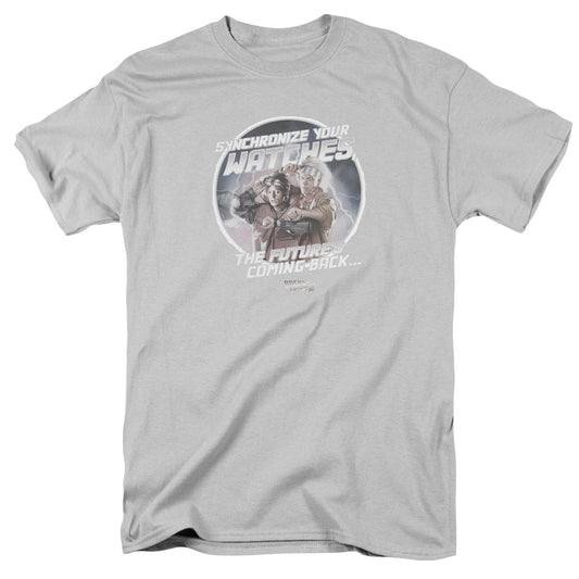 Back To The Future Ii - Synchronize Watches - Short Sleeve Adult 18/1 - Silver - Sm - Silver T-shirt