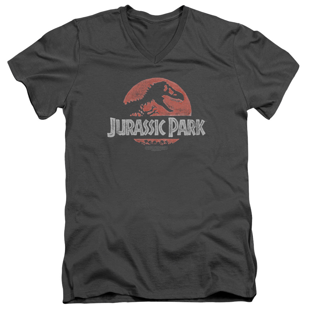 Jurassic Park - Faded Logo - Short Sleeve Adult V-neck - Charcoal T-shirt
