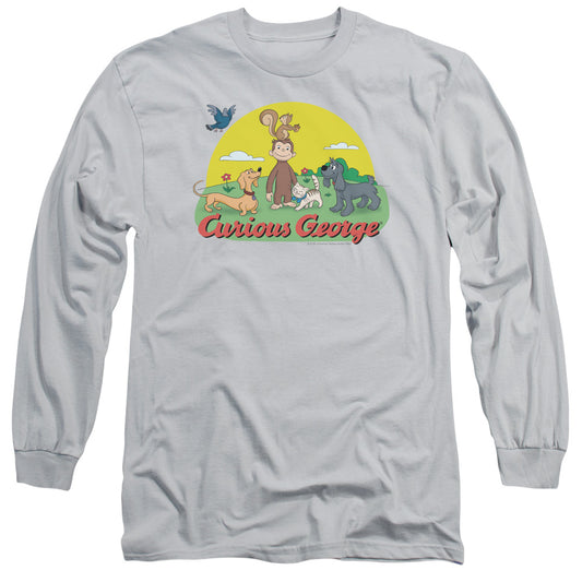 Curious George - Sunny Friends - Long Sleeve Adult 18/1 - Silver - Sm - Silver T-shirt