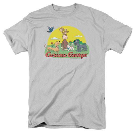 Curious George - Sunny Friends - Short Sleeve Adult 18/1 - Silver - Sm - Silver T-shirt