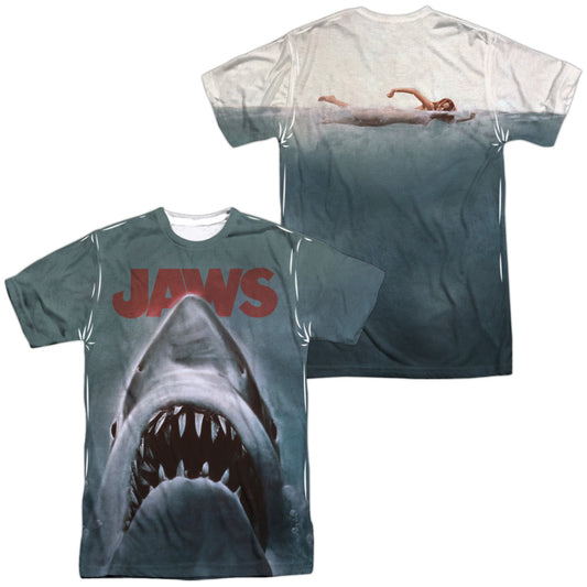 Jaws - Poster (Front/back Print) -  Short Sleeve Adult 100% Poly Crew - White T-shirt