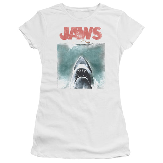 Jaws - Vintage Poster - Short Sleeve Junior Sheer - White T-shirt