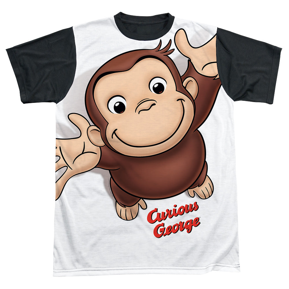 Curious George - Hands In The Air - Short Sleeve Adult White Front Black Back - White T-shirt