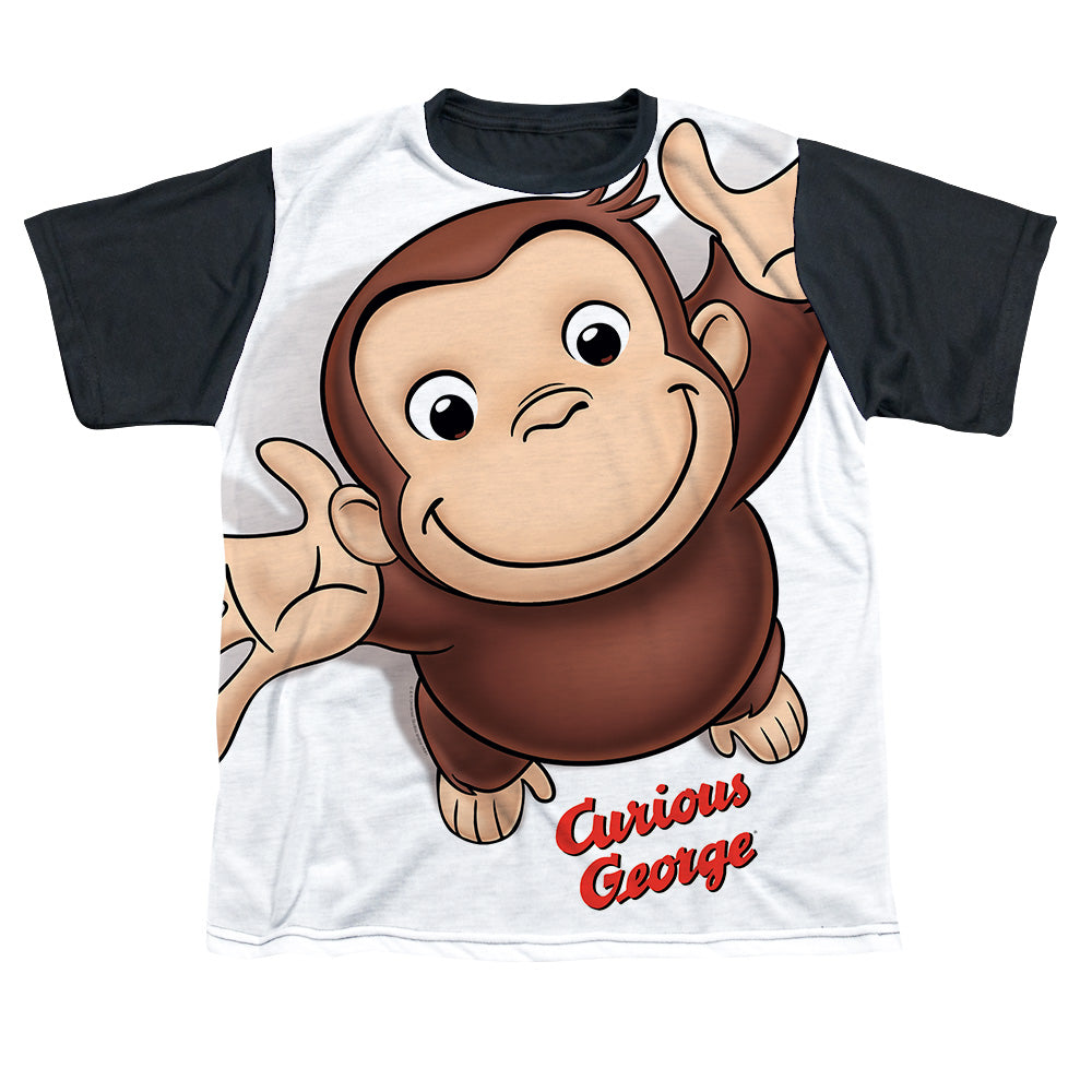 Curious George - Hands In The Air - Short Sleeve Youth White Front Black Back - White T-shirt