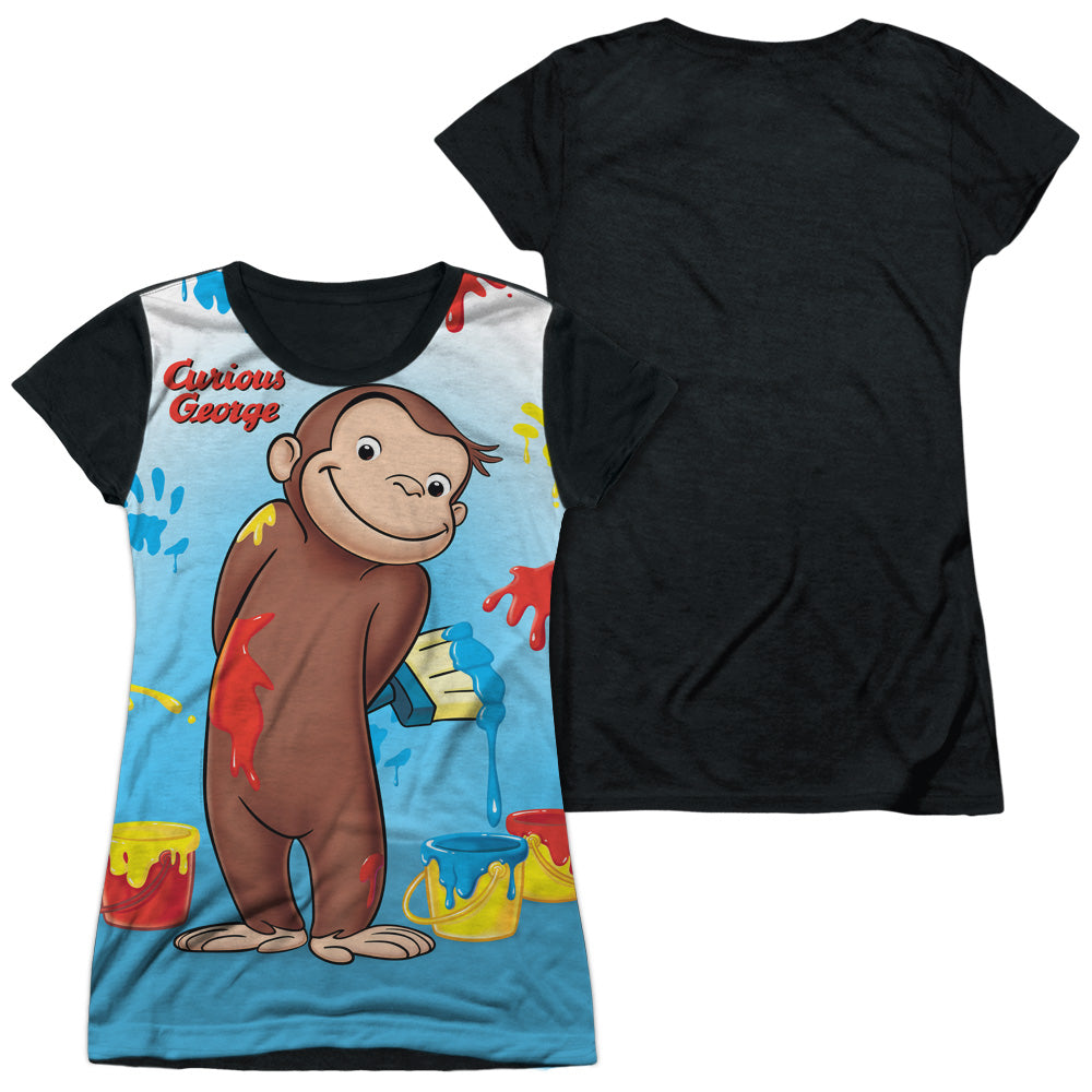 Curious George - Paint All Over - Short Sleeve Junior Poly Black Back - White T-shirt