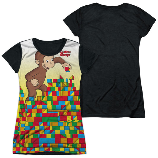 Curious George - Building Blocks - Short Sleeve Junior Poly Black Back - White T-shirt