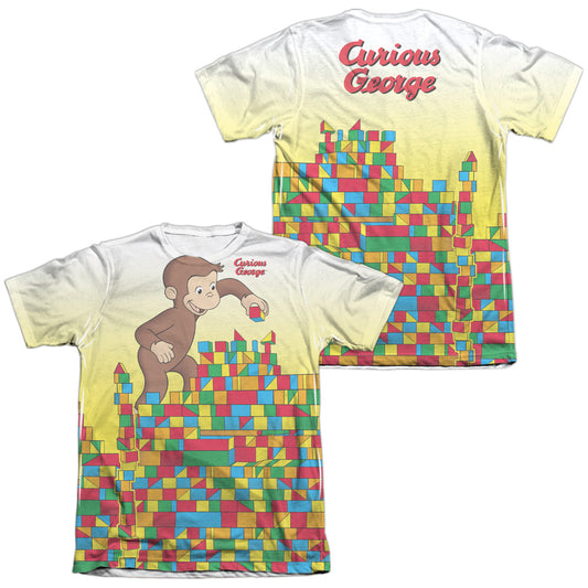 Curious George - Building Blocks (Front/back Print) - Adult 65/35 Poly/cotton Short Sleeve Tee - White - Sm - White T-shirt