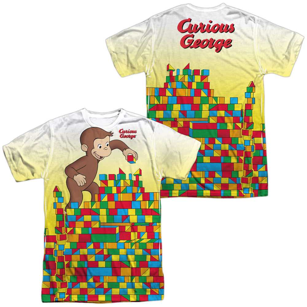 Curious George - Building Blocks (Front/back Print) - Short Sleeve Adult 100% Poly Crew - White - Sm - White T-shirt