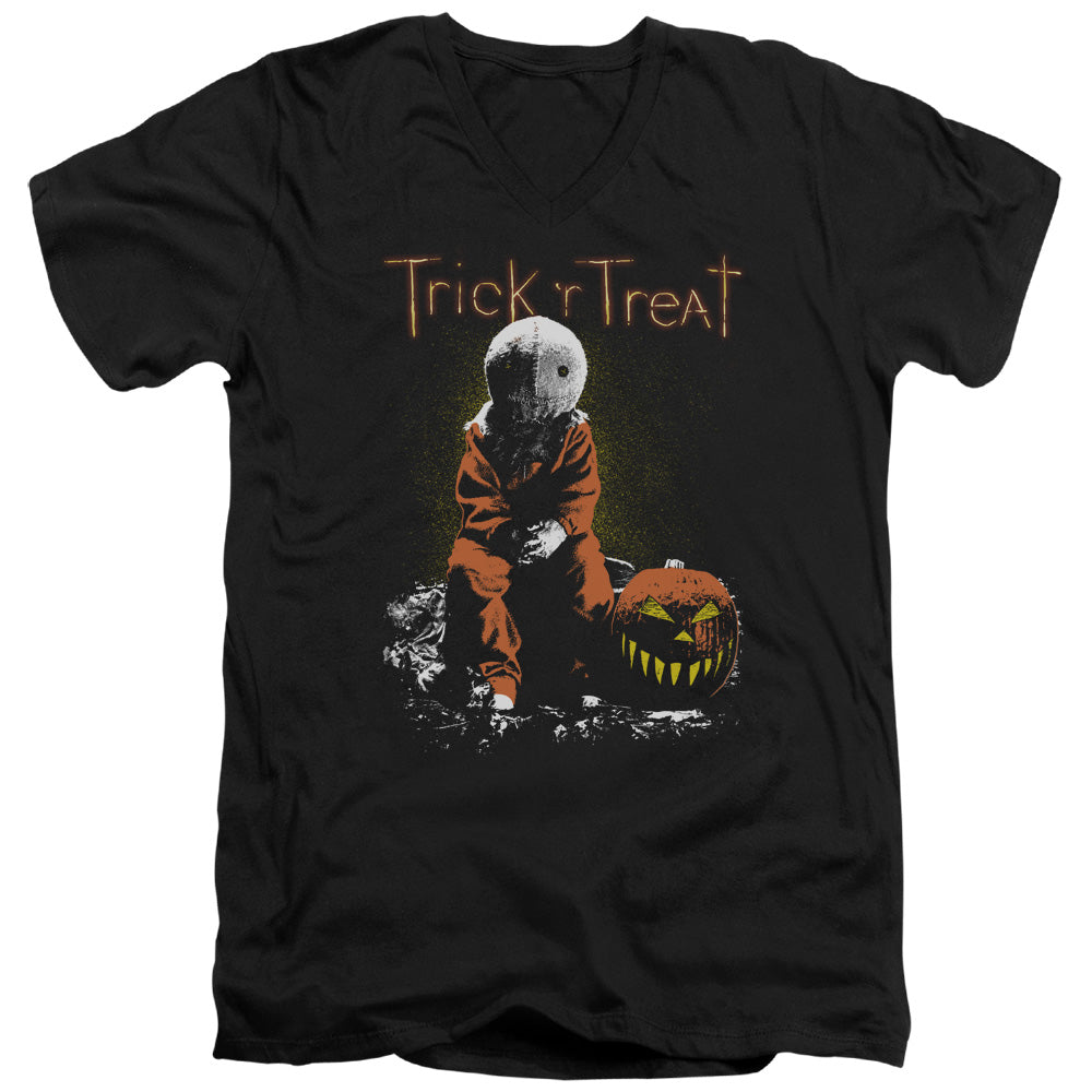 Trick R Treat - Sitting Sam - Short Sleeve Adult V-neck - Black T-shirt