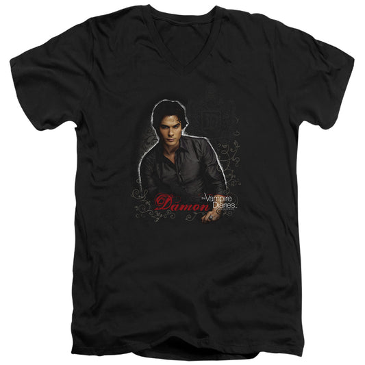 Vampire Diaries - Damon - Short Sleeve Adult V-neck - Black T-shirt