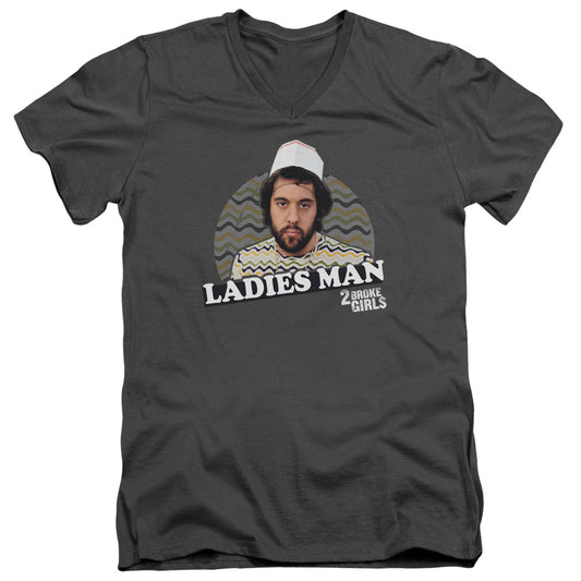 2 Broke Girls - Ladies Man - Short Sleeve Adult V-neck 30/1 - Charcoal T-shirt