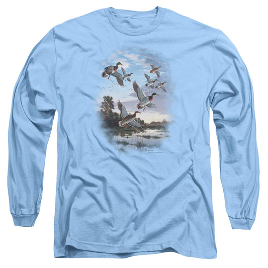Wildlife - Evening Flight Mallards - Long Sleeve Adult 18/1 - Carolina Blue T-shirt