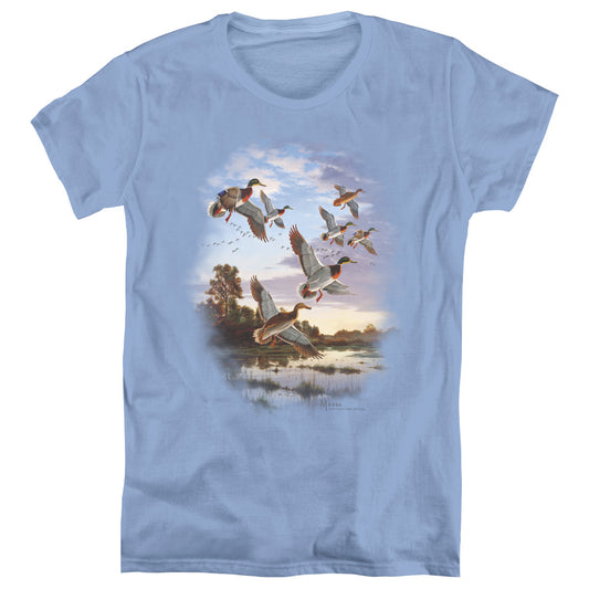 Wildlife - Evening Flight Mallards - Short Sleeve Womens Tee - Carolina Blue T-shirt