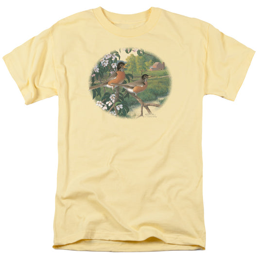 Wildlife - Apple Blossom Time Robins - Short Sleeve Adult 18/1 - Banana T-shirt