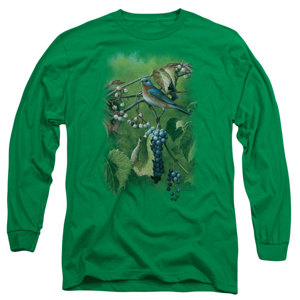 Wildlife - Summertime Estrn Bluebird - Long Sleeve Adult 18/1 - Kelly Green T-shirt