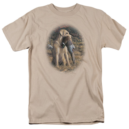 Wildlife - Yellow Lab With Pheasant - Short Sleeve Adult 18/1 - Sand T-shirt