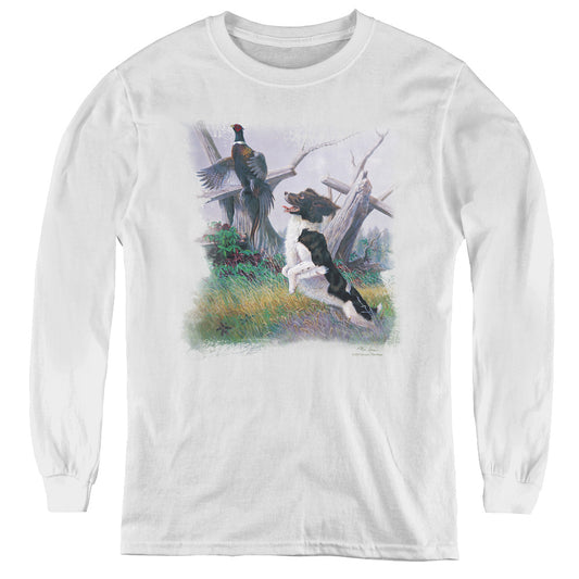 Wildlife - Springer With Pheasant - Youth Long Sleeve Tee - White
