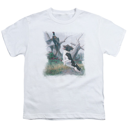 Wildlife - Springer With Pheasant - Short Sleeve Youth 18/1 - White T-shirt