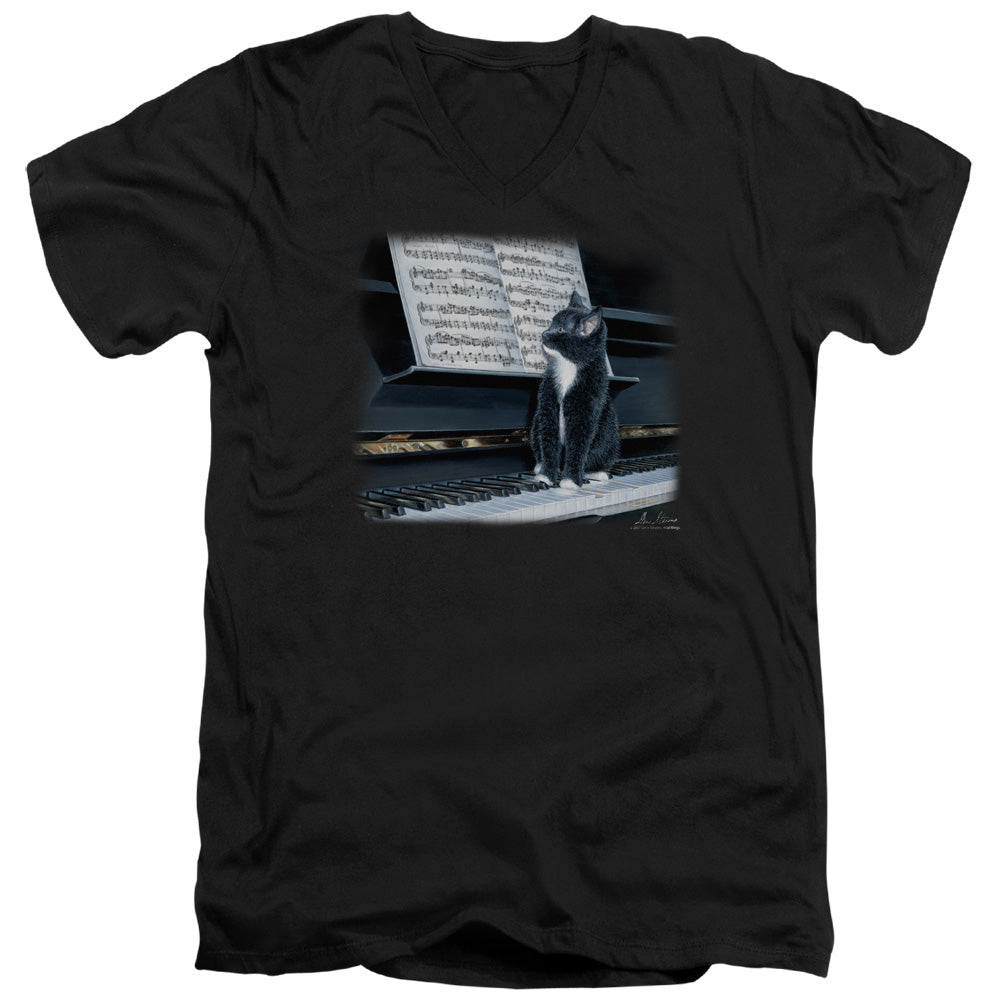 Wildlife - Kitten On The Keys - Short Sleeve Adult V-neck - Black T-shirt
