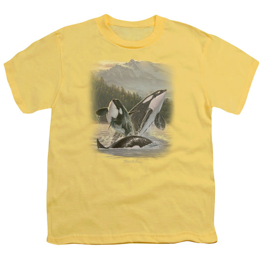 Wildlife - Breaching Orcas - Short Sleeve Youth 18/1 - Banana T-shirt