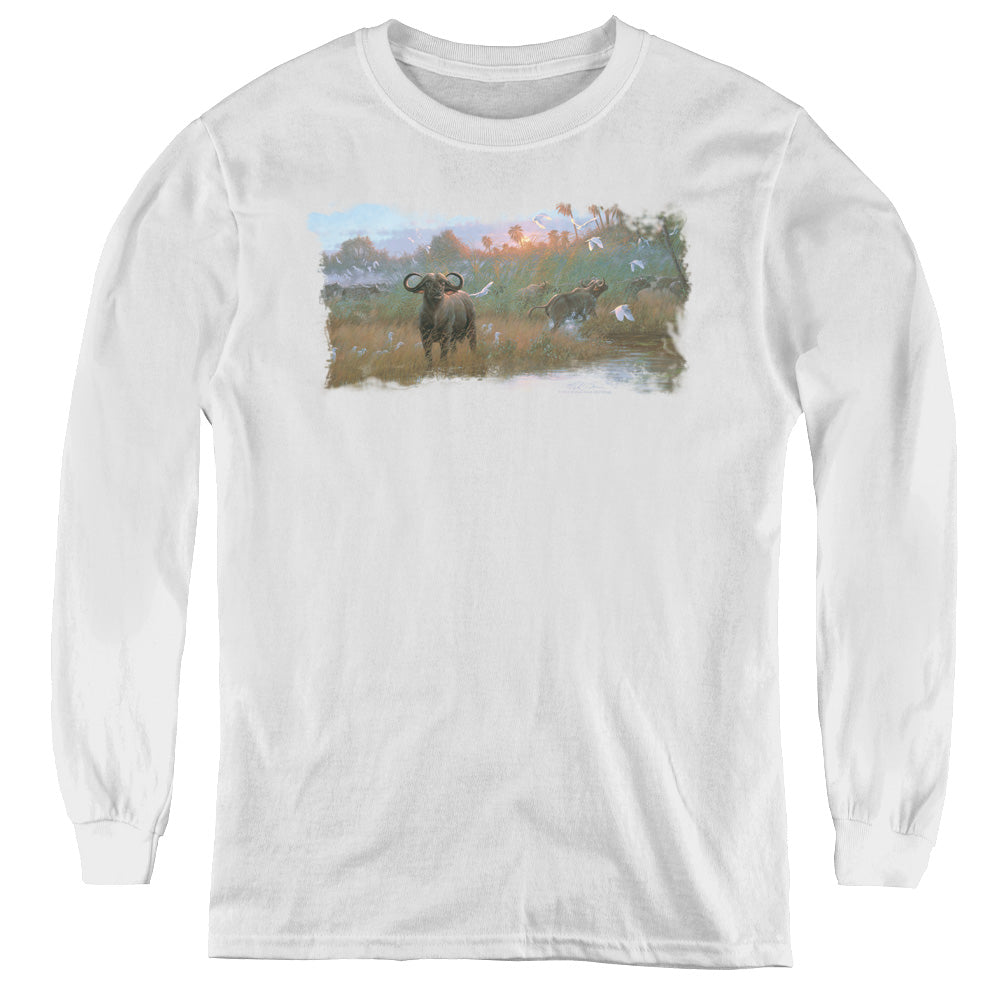 Wildlife - Cape Buffalo - Youth Long Sleeve Tee - White