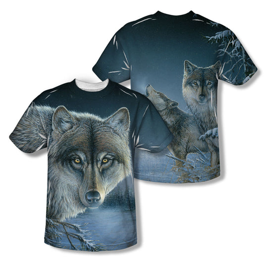 Wild Wings - Midnight Wolves (Front/back Print) - Short Sleeve Youth Poly Crew - White T-shirt
