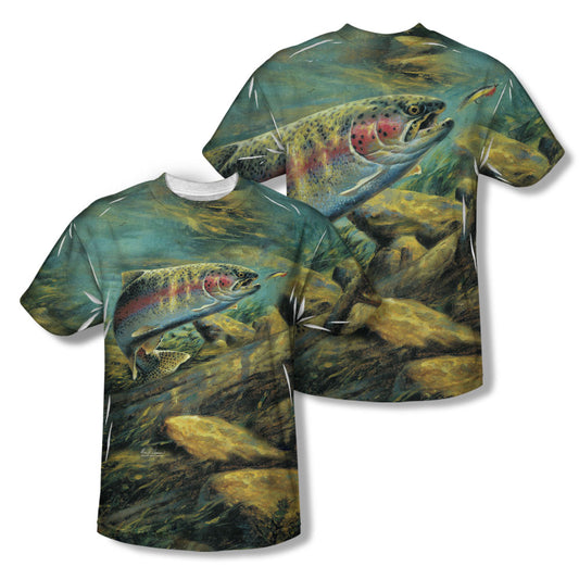 Wild Wings - Rainbow Trout (Front/back Print) - Short Sleeve Youth Poly Crew - White T-shirt