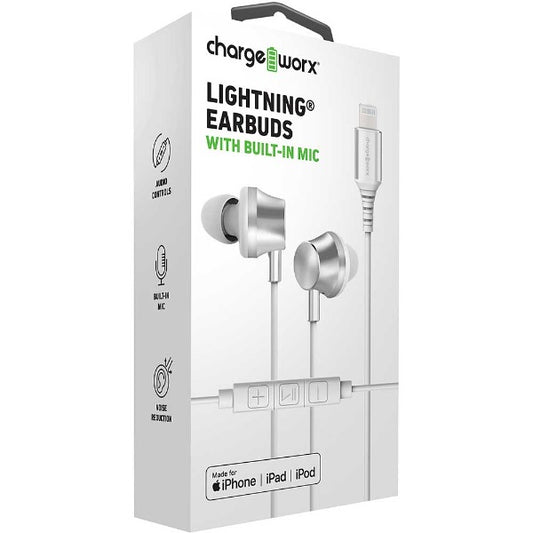 Chargeworx Lightning Earbuds with Built in Mic - Silver