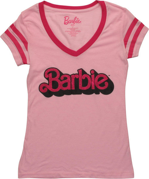 Barbie Glittered Name V Neck Pink Juniors T-Shirt
