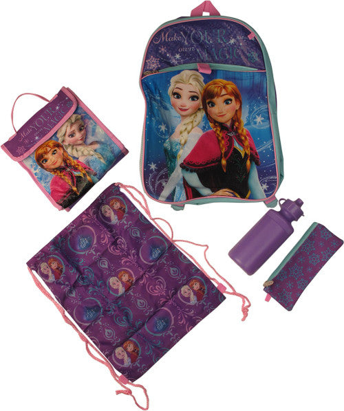 Frozen Elsa and Anna Five Piece Backpack Set in Blue