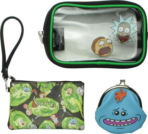 Rick and Morty 3 Piece Cosmetic Bag Set in Green